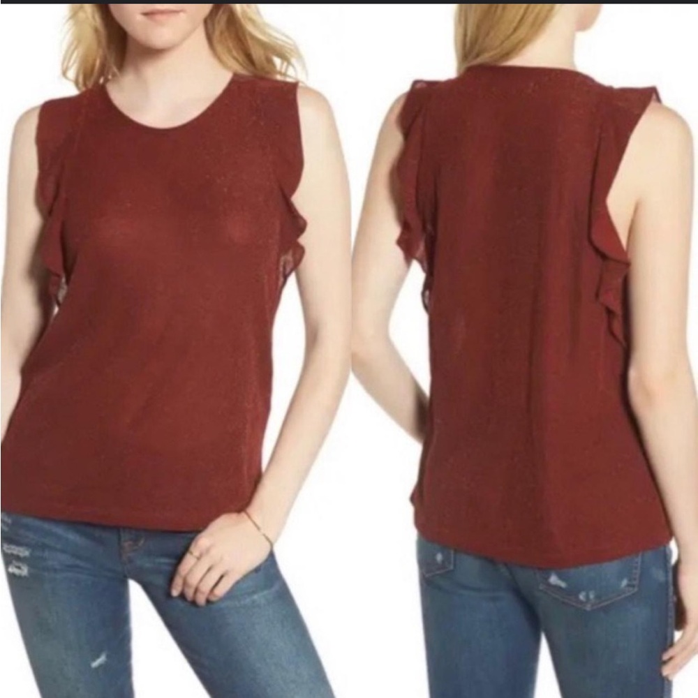 Madewell Sparkly Red Ruffle Flutter Shoulder Top - image 1